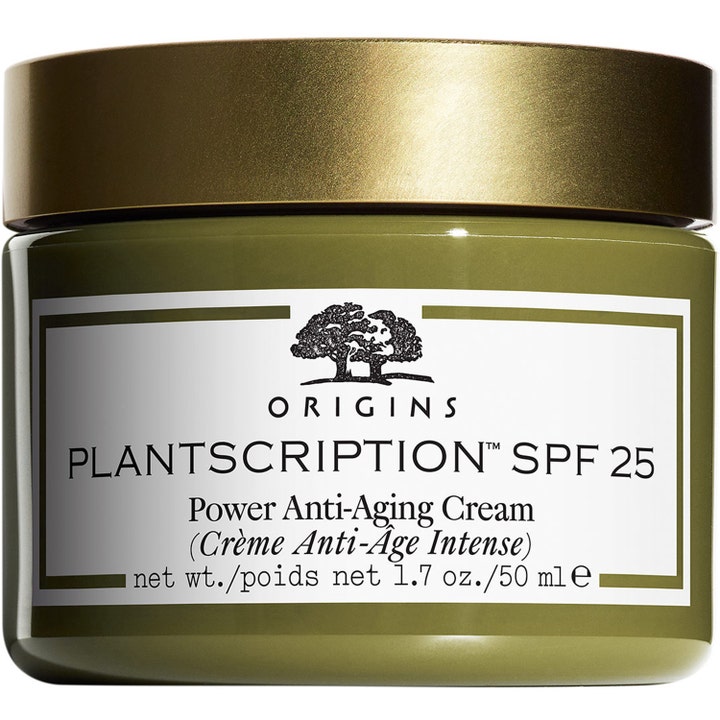 Origins Plantscription SPF 25 50 ml ansiktskräm mot rynkor i en mossgrön burk med glansigt guldfärgat lock.