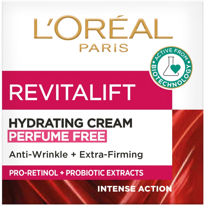 L'Oréal Paris Revitalift Hydrating Cream 50 ml hypoallergen återfuktande ansiktskräm i vit förpackning med röd text