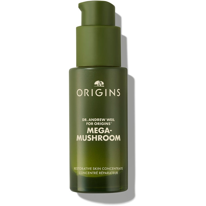 Origins Mega-Mushroom Restorative Skin Concentrate 30 ml svampserum för återställning i mörkgrön glasflaska med pump