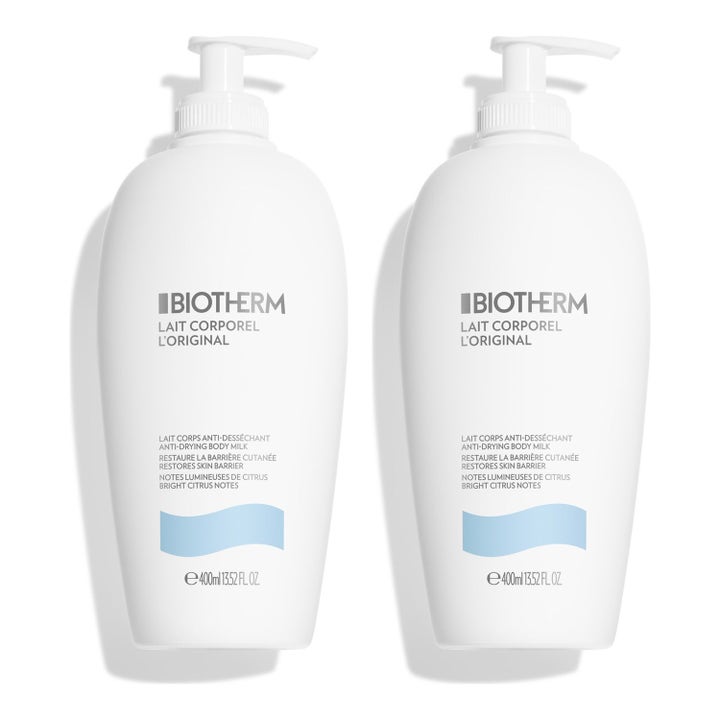 Biotherm Lait Corporel 2x400ml anti-uttorkande bodylotion med citrus doft i två vita pumpflaskor.