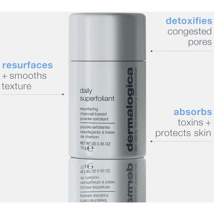 Dermalogica Daily Superfoliant 13 g kolbaserad ansiktspeeling i grå flaska som rengör porer och ger slät textur.