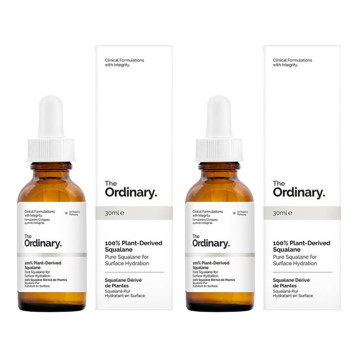 The Ordinary 100% plant-derived squalane duo 2 x 30 ml återfuktande ansiktsolja i bruna glasflaskor med vita pipetter