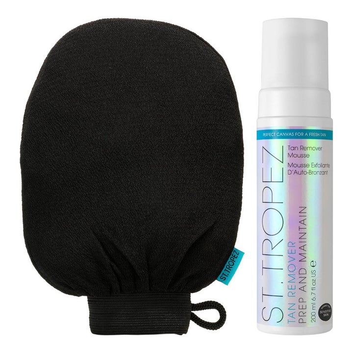 St. Tropez Tan Remover Mousse 200 ml för brun utan sol borttagning med vit pumpflaska och svart exfolieringsvante