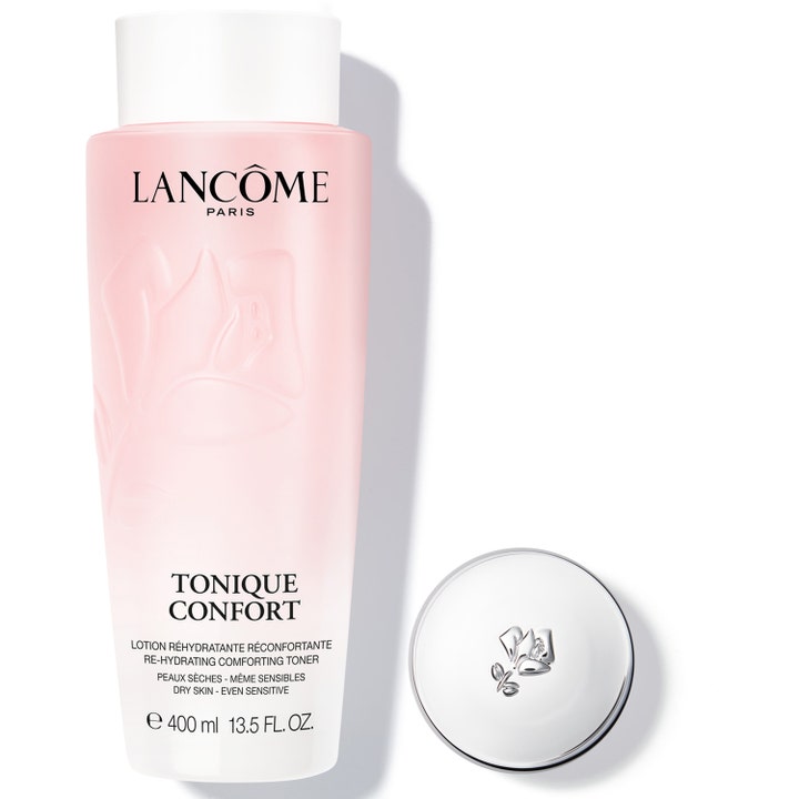 Lancôme Tonique Confort 400 ml återfuktande ansiktsvatten i ljusrosa flaska med vit kork och präglad ros
