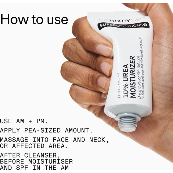 The INKEY List Urea 10% Moisturizer 50 ml ansiktskräm för torr hud i vit tub med svart lock och ytterförpackning.