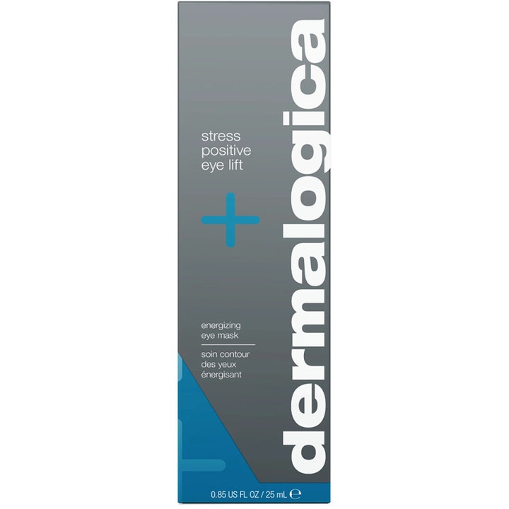 Dermalogica Stress Positive Eye Lift 25 ml anti-stress ögonkräm mot rynkor i grå ytterförpackning med blått plus.