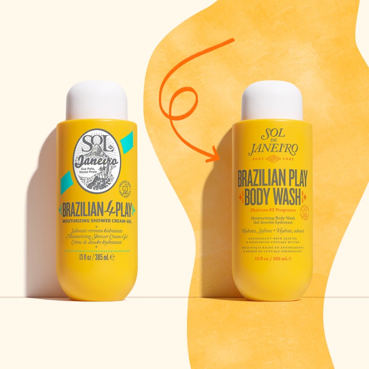 Sol de Janeiro Brazilian Play 385 ml sol de janeiro duschgel visar uppdaterad gul flaska jämfört med gammal design.