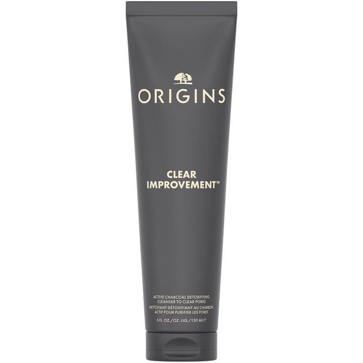Origins Clear Improvement 150 ml aktivt kol naturlig ansiktsrengöring i en mörkgrå tub med svart lock