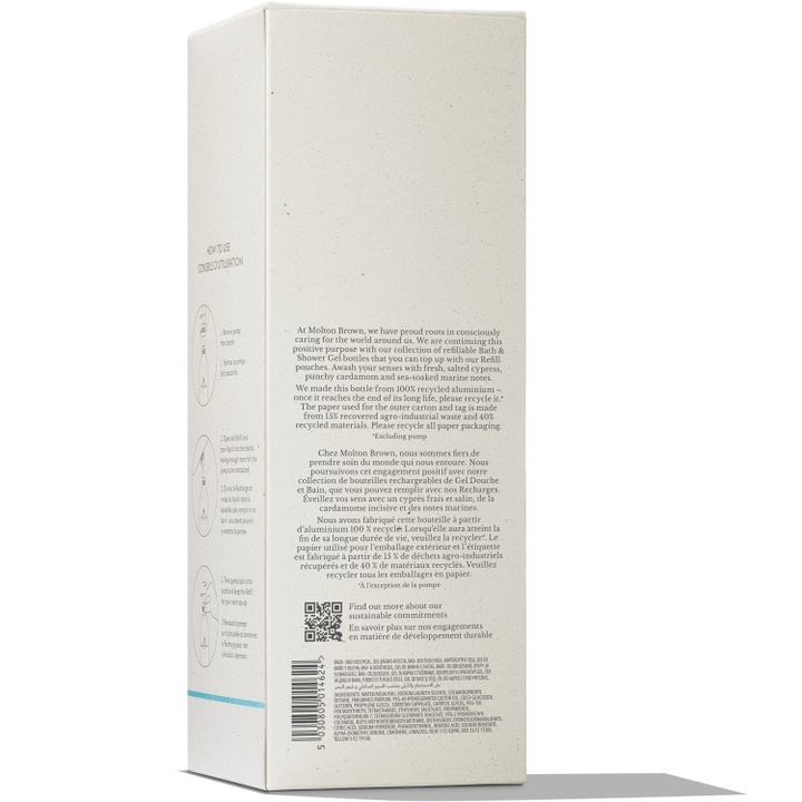 Molton Brown Infinite Bottle Coastal Cypress & Sea Fennel 400 ml aromatisk duschtvål i vit ytterförpackning