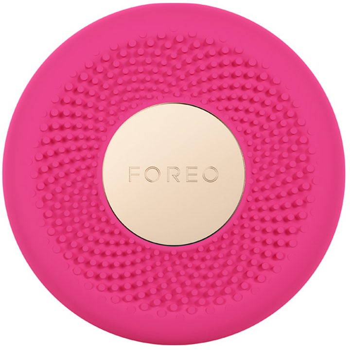 FOREO UFO 2 Fuchsia ansiktsmaskenhet för ljusbehandling med rosa räfflad silikon och rund gulddetalj