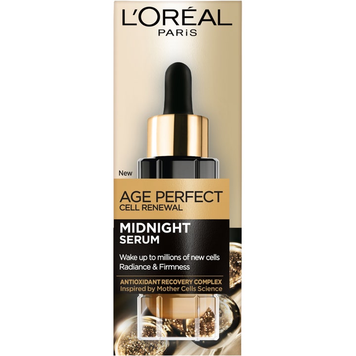 L'Oréal Paris Age Perfect Midnight Serum 30 ml ger lyster i en lyxig guldbox med bild på en svart glasflaska.