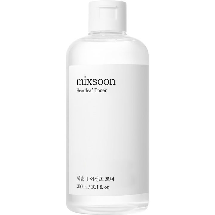 mixsoon Heartleaf Toner 300 ml ansiktsvatten lugnande effekt i en genomskinlig flaska med minimalistisk vit etikett