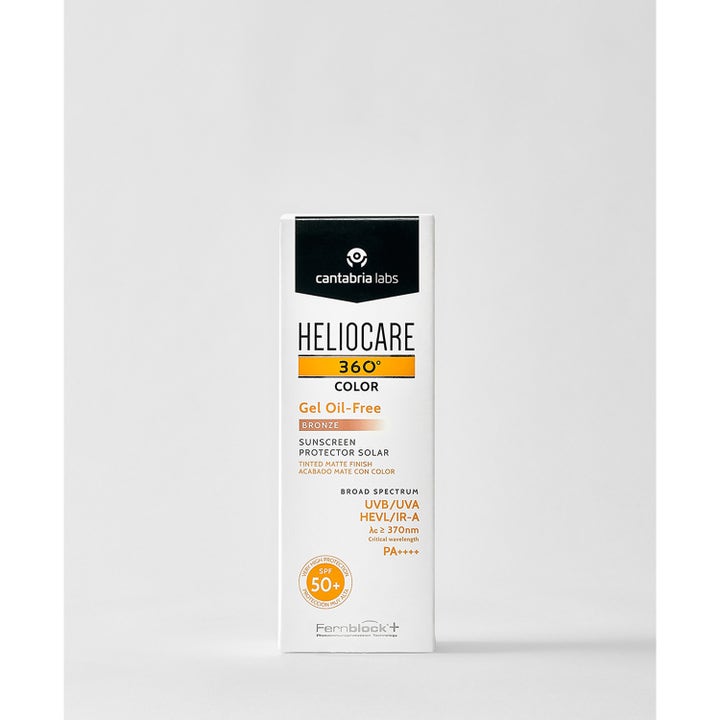 Heliocare 360 Color Gel Oil-Free 50 ml färgad solkräm spf 50 i vit ytterförpackning med orange och svarta detaljer.