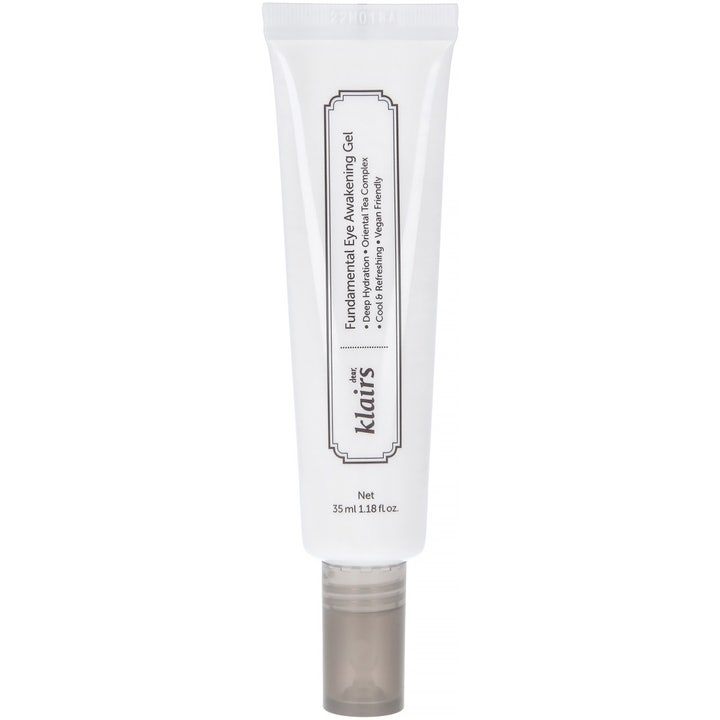 Klairs Fundamental Eye Awakening Gel 35 ml kylande ögongel i vit tub är en hydraterande ögonkräm mot mörka ringar
