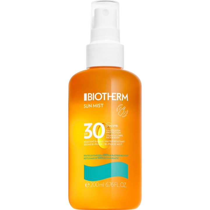 Biotherm Waterlover Sun Mist 200 ml miljövänligt solskydd i en orange sprayflaska som ger ett vattenfast skydd.