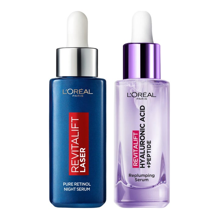 L'Oréal Paris Revitalift Filler och Laser serum med hyaluronsyra och retinol i lila och mörkblå glasflaskor med pipetter