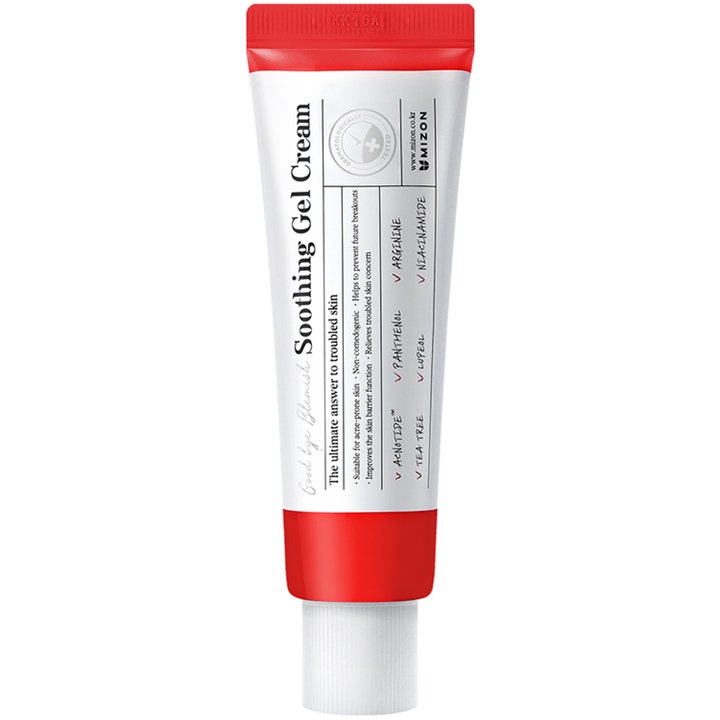 Mizon Good Bye Blemish Soothing Gel Cream 50ml lugnande koreansk niacinamide hudvård i vit tub med röda detaljer.