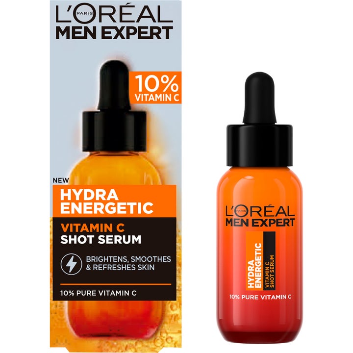 L'Oréal Paris Men Expert Hydra Energetic Vitamin C Serum 30 ml i orange flaska med pipett bredvid ytterförpackning