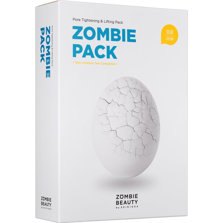 Skin1004 Zombie Beauty Zombie Pack för porminskning är en koreansk ansiktsmask aktivator i vit box dekorerad med ett sprucket ägg.