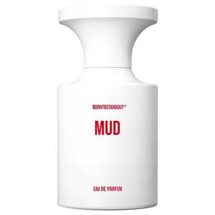 BornToStandOut Mud Eau de Parfum 50 ml nischparfym unisex i vit flaska med röd text och vid kork