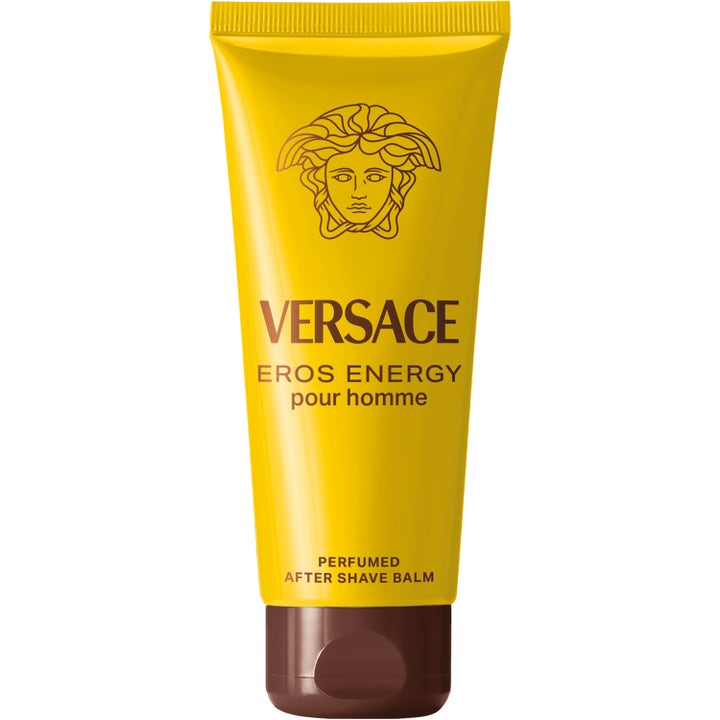 Versace Eros Energy 100 ml eftershave rakbalsam lugnar huden i en klargul tub med brunt lock.
