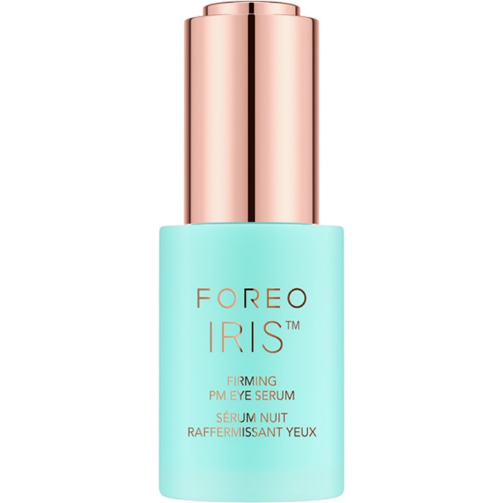 Foreo Iris Firming PM Eye Serum 15 ml lyxigt ögonserum för naturlig föryngring anti-rynkor i turkos flaska med roséguldslock.
