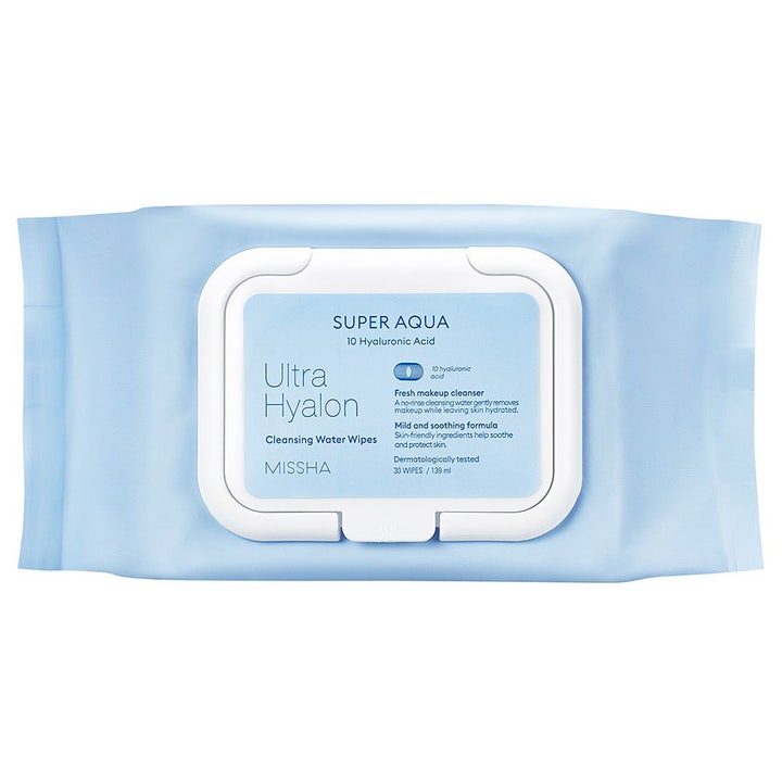 Missha Super Aqua Ultra Hyalon 30 st fuktgivande sminkborttagning servetter i ljusblå förpackning med vitt lock