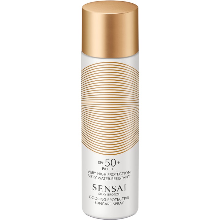 Sensai Silky Bronze Cooling Protective Suncare Spray SPF 50+ kylande solspray i vit flaska med guldlock