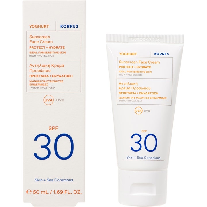 KORRES Yoghurt Face Sunscreen 50 ml solskydd för känslig hy i vit tub och ytterkartong med blå text för SPF 30.