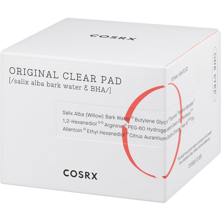 COSRX One Step Original Clear Pad 70 st bha exfoliering pads för aknebehandling i en vit ytterkartong med röd grafik