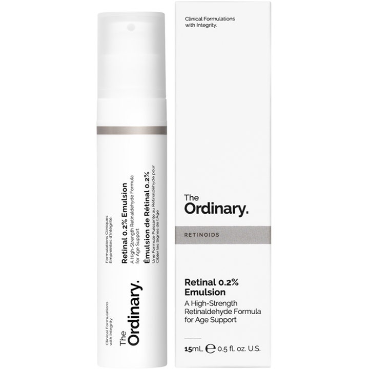The Ordinary Retinal 0.2% Emulsion 15 ml ansiktsserum mot ålderstecken i vit pumpflaska och kartong.