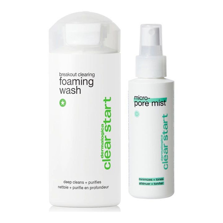 Dermalogica Clear Start aknebehandling daglig rutin med ansiktsrengöring för porminimering och mist i vita flaskor.