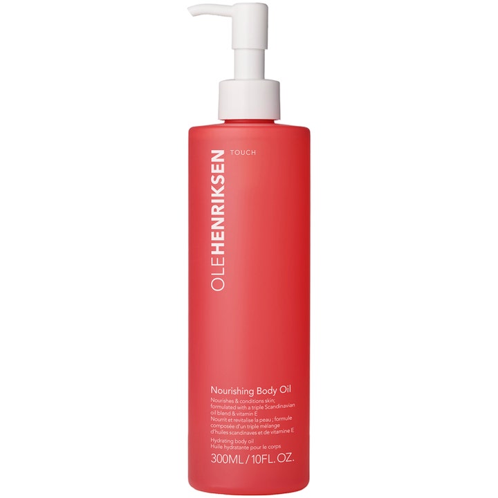 Ole Henriksen Touch Nourishing Body Oil 300ml fuktboostande kroppsolja för torr hud i korallröd flaska med vit pump