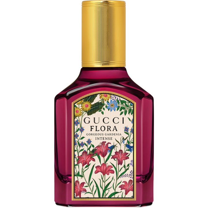 Gucci Flora Gorgeous Gardenia Intense 30 ml eau de parfum i mörkrosa glasflaska med blommigt motiv och guldlock