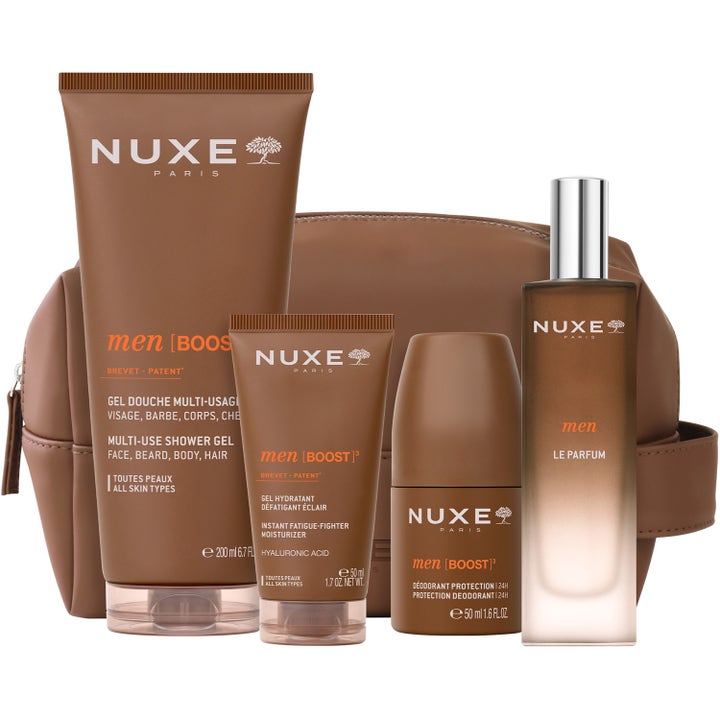 Nuxe Men Multi Shower Gel 200 ml rengörande duschtvål i ett set med hudvård och en brun necessär.