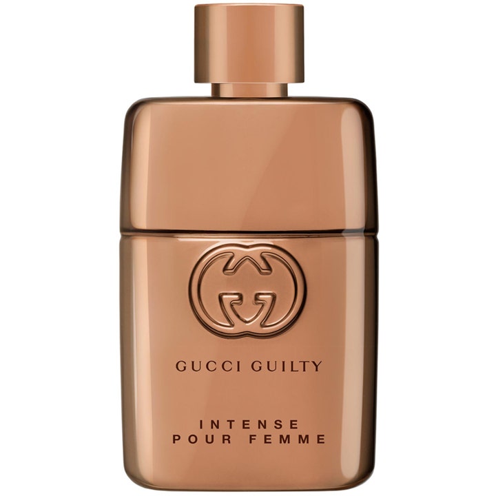 Gucci Guilty Pour Femme Intense 50 ml damparfym i en glänsande bronzefärgad metallflaska med logotyp