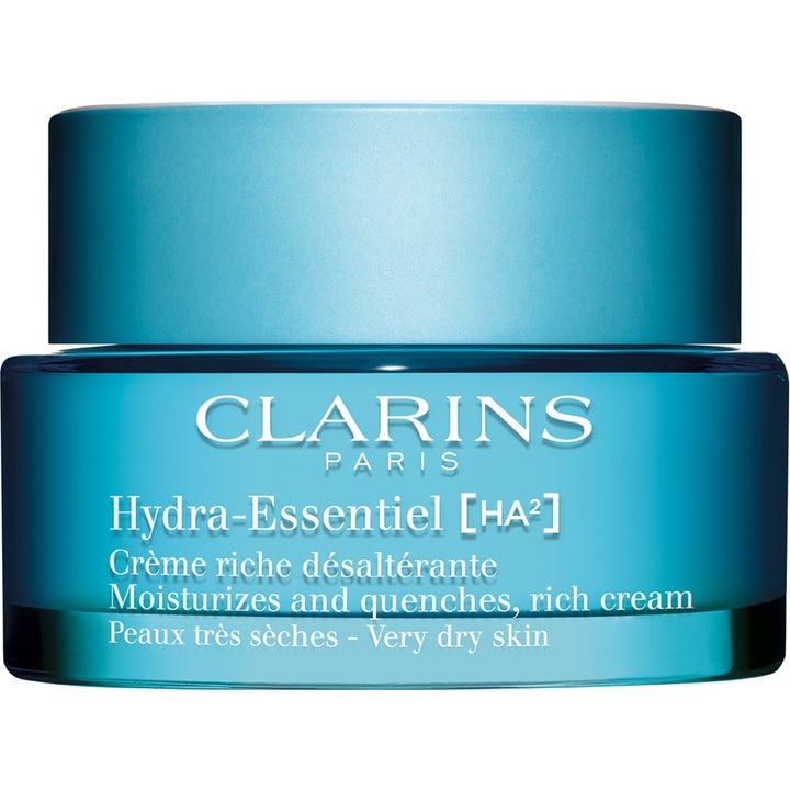 Clarins Hydra-Essentiel [HA²] 50ml återfuktande ansiktskräm för torr hy i en blå glasburk med matt blått lock.