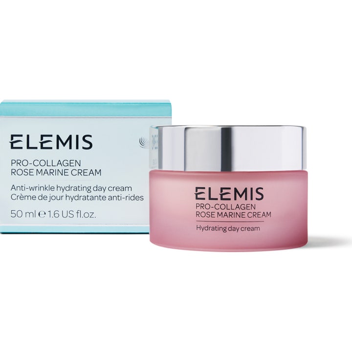 Elemis Pro-Collagen Rose Marine Cream 50 ml återfuktande roskräm i rosa frostad glasburk med silverlock och ytterkartong