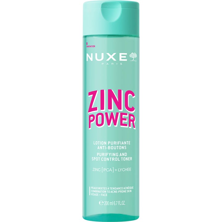 Nuxe Zinc Power 200 ml djuprengörande ansiktsvatten i en uppfriskande turkos plastflaska med rosa detaljer