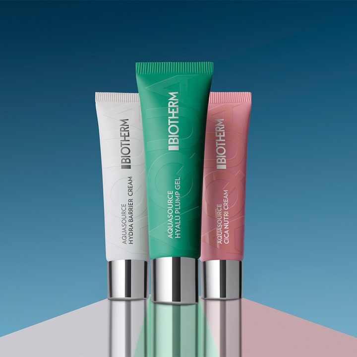 Biotherm Aquasource Hyaluplump Gel 30 ml återfuktande ansiktskräm i grön tub bredvid vit och rosa tub med silverkorkar