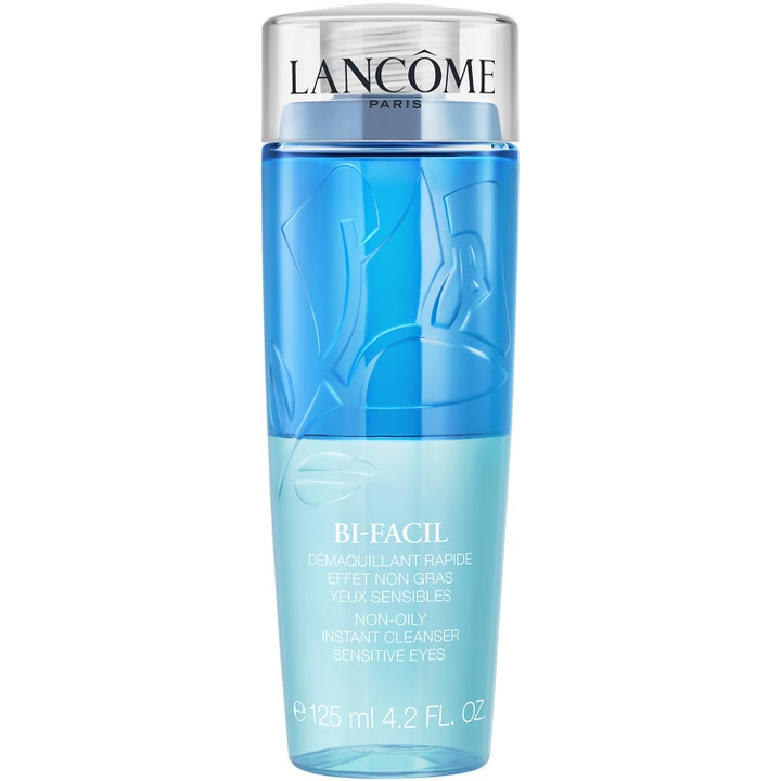 Lancôme Bi-Facil 125 ml sminkborttagning som ger skonsam ögonrengöring i en blå tvåfasad flaska.