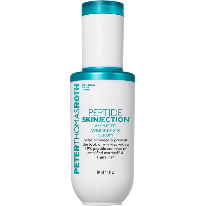 Peter Thomas Roth Peptide Skinjection 30 ml rynkreducerande serum med peptider i vit flaska med metalliskt turkosa detaljer.