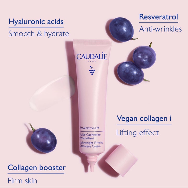 Caudalie Resveratrol-Lift Firming Cashmere Cream 40 ml ansiktslyftkräm i rosa tub med vindruvor för lifting effect.