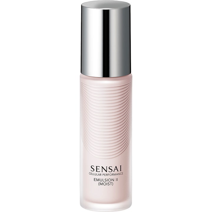 Sensai Cellular Performance Emulsion II Moist 50 ml fuktgivande anti age ansiktskräm i ljusrosa flaska med silverlock.
