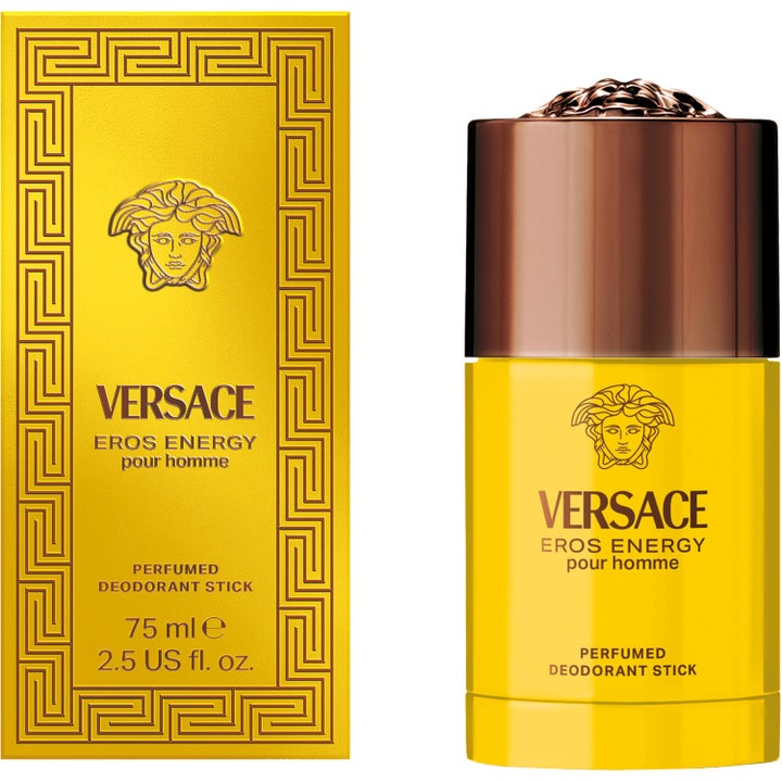 Versace Eros Energy 75 ml deostick för män ger fräschör i gul hylsa med elegant bronsfärgat lock och logotyp