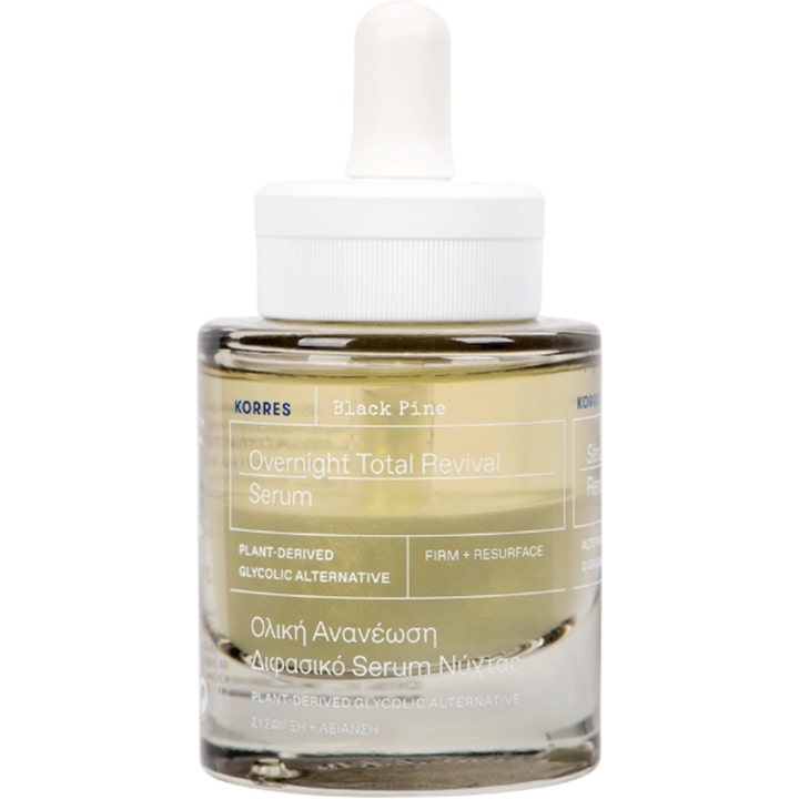 Korres Black Pine nattserum 30 ml ger anti-aging hudföryngring i en genomskinlig glasflaska med vit pipett.