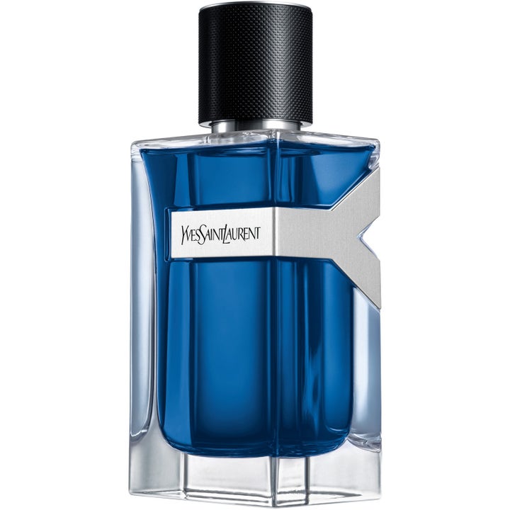 Yves Saint Laurent Y Iced Cologne Intense 100 ml herrparfym i glasflaska med blå vätska och en silverfärgad Y-detalj