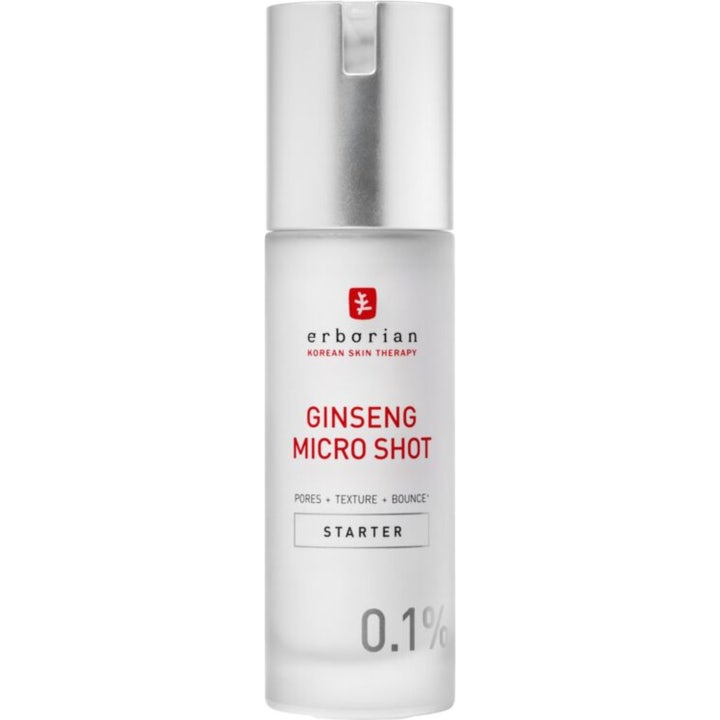 Erborian Ginseng Micro Shot 15 ml ansiktsserum som minskar porer i frostad vit flaska med silverkork