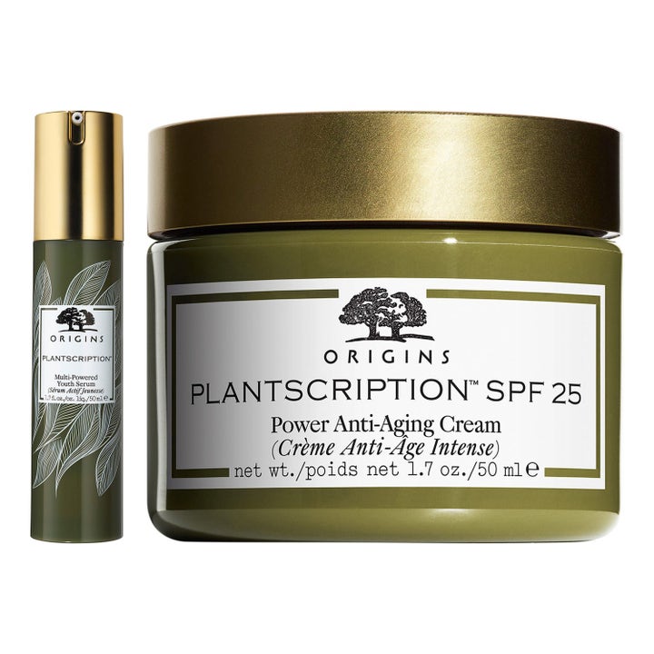 Origins Plantscription SPF 25 Cream 50ml och Youth Serum motverkar ålderstecken i mossgröna burkar med guldlock.