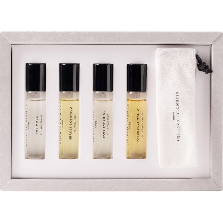 Essential Parfums Discovery Travel Set 4 x 10 ml parfymset med fyra glasflaskor och vit tygpåse i en ljusgrå ask